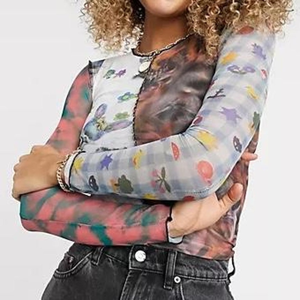 Multicolor Graphic Spliced Patchwork Mesh Long Sl… - image 3